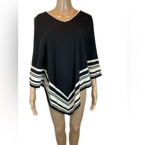 New York & Company Knit Black and White Striped V-Neck Women's Poncho OS